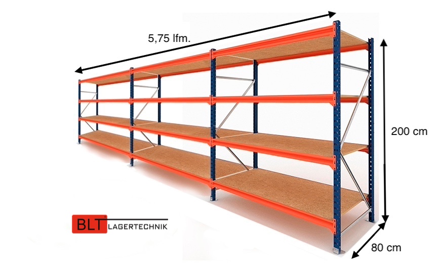 5,75 lfm Weitspannregale 80cm tief , 4 Ebenen, Werkstattregale , Lagerregale , Großfachregale , Handlager , Fachbodenregale